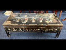 Black Lacquered Chinoiserie Decorated Oriental Low Table, with three frieze drawers. The top