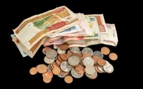 Mixed Assortment of 65 Coins, Mainly American with a Collection of Misc Foreign Bank Notes.