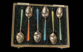 Boxed Set of 925 Sterling Silver and Enamel Coffee Spoons. Fully Hallmarked for SIlver, Makers