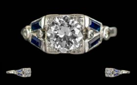 Edwardian Period 1902 - 1910 Ladies Superb 18ct White Gold Diamond and Sapphire Set Ring. Not Marked