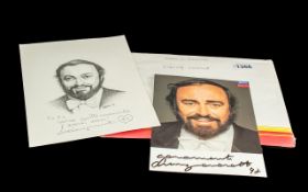 A Signed Photo of Luciano Pavarotti Accompanied with a Finely Detailed Pencil Drawing by P. Hatton