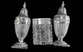 925 Sterling Silver Salt & Pepper Pots + Small Cut Glass Jar with Silver Top. All Stamped for