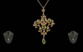 Antique Period Well Designed Ladies 15ct Gold Openworked Pendant/Brooch, set with Peridot and Seed