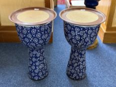 Pair of Novelty Side Tables, in the form on bongo drums, with a circular cork top. Blue and white