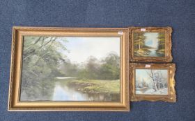 A Large Oil on Canvas Country Landscape, together with two smaller oils depicting winter scenes.