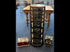 Floor Standing Jewellery Chest, chinoiserie decorated, with eight graduating drawers. Octagonal