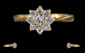 Ladies - Pleasing Petite 18ct Gold Diamond Set Cluster Ring, Flower head Design, Marked to