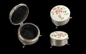 925 Sterling Silver Trinket Box of Circular Form on 3 Feet. Fully Hallmarked for Silver. With