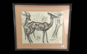 Well Executed Art Deco Period Charcoal & Pastel Drawing on Paper, of a stag and hind, indistinctly