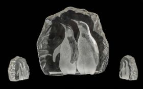 Swedish Art Glass, signed, depicting penguins in an Iceberg, signed RK - 3154 M Jongsson -