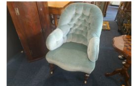 Victorian Bedroom Chair, later upholstery, turned supports with castors, button back, covered in eau