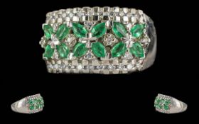 Ladies 14ct White Gold Modern Pleasing Quality Emerald / Diamond Set Ring. Marked 14ct - 585 to