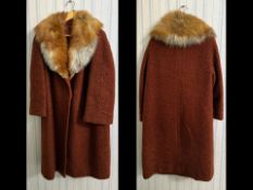 Ladies Woollen Coat with Fox Fur Collar, brown wool coat made by Aubrey Segal of London, with