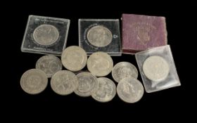 Box of Mixed English Crowns, 1951-1972-1965-1980-1977, etc. 13 coins in total.