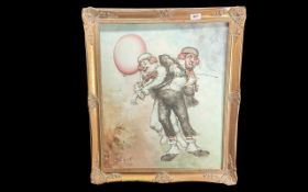 Oil Painting on Canvas, depicts two clowns playing a violin. Signed W Moninet, housed in a gilt