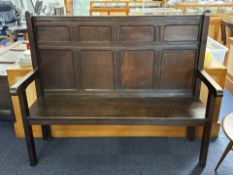 Georgian Oak High Back Settle, of plain form, with panelled back. Height 50'' x width 59'' x depth