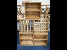 Wine Racks - three bases and two wine racks, modern, oak. Five pieces, each 24'' square approx.