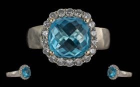 Ladies Quality 18ct White Gold Blue Topaz and Diamond Set Cluster Ring. Marked 18ct to Interior of
