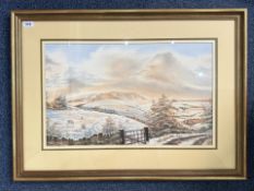 Michael J Howley Mixed Media Painting' winter landscape 'Pendle'. Image size 14 x 24'', mounted,
