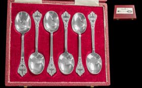 925 Sterling Silver Boxed Set of ( 6 ) Reproduction ' Lace Back ' Spoons. All Fully Hallmarked. As