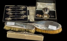 Collection of Silver Items. Consisting of an Egg Cup and Spoon ( Boxed ) Harrods, 3 Silver Backed