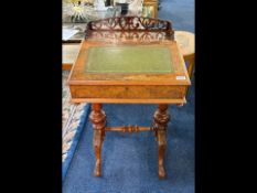 Victorian Burr Walnut Davenport Desk, turned and carved support with cross stretcher raised on