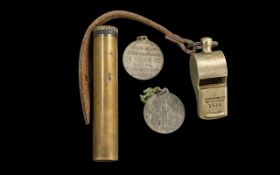 Small Bag of Collectables. Includes WWI Trench Whistle, WWI Brass Oil Bottle + 2 Medallions.