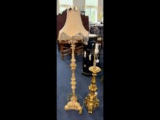 Two Standard Lamps, a modern distressed Rococo style and a gilt stand in the form of an altar.