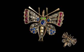 Victorian Period 1837 - 1901 Gem Set 10ct Gold Butterfly Brooch. Not Marked but Tests 10ct. Set with