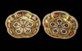 Royal Crown Derby Old Imari Pattern 6 Sided Pair of Small Solid Gold Banded Circular Dishes. Pattern