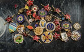 Bag Full of Enamel Buttons, miscellaneous badges, mostly military assorted, with Russian Enamel