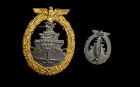 A Fine Quality German Naval Original Badge depicting a battle ship 'Kreigsmarine' Fec.Adolf.Bock