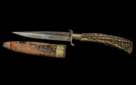 German Antique Hunting Dagger with Stags Horn Hilt, in scabbard. Maker's mark Prinz Regt. NT. Length