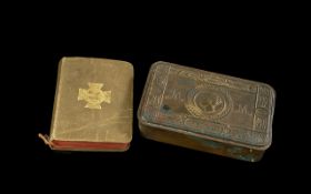 Two Queen Mary's Christmas WWI Boxes 1914, one enclosed with a soldier's bible.