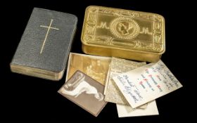 A Good Condition Queen Mary Embossed Brass 1914 Christmas Box, with old bible enclosed and paper