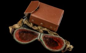 Pair of First World War Aviator Goggles, with amber coloured glass lenses, in original case.