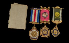 Masonic Interest - Three Gilt Metal Lodge Badges, medals with Masonic paperwork relating to the