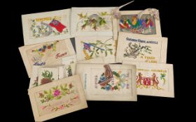 Nine Good First World War Silk Military Post Cards, with a set of silk flower cards.