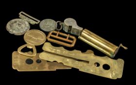 Miscellaneous Bag of Military Metalware, two button guards, whistle, Otard medallion, German