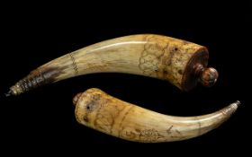 A Rare Macdonald Clan Antique Horn Powder Flask, Scrimshaw worked, the finely engraved body