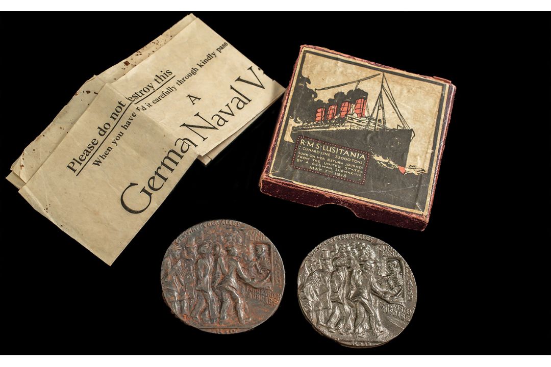 Two RMS LUSITANIA Cunard Line Ship Medallions by the Germans in 1915 with paperwork one boxed and