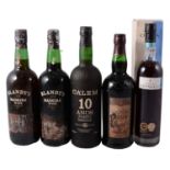 Five assorted bottles of Port and Madeira wine