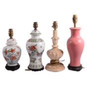 Eleven lamp bases and two brass wall light fittings,