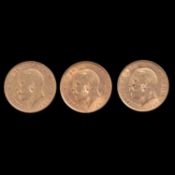 Three Gold Half Sovereign Coins, George V 1911(2), 1912 (1).