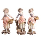Set of three German porcelain figures, street vendors with fruit, vegetables and fish,