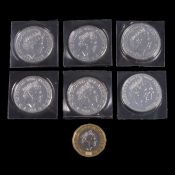 Six £20 silver (0.999) coins, and a 2017 £1 bi-metallic uncirculated coin.