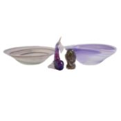 Gibovskis art glass bowl, another glass bowl, Murano style model of a fish and an owl,