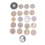 Collection of rarer commemorative £2, £1, and 50p coins, and a threepence.