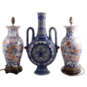 Pair of modern oriental ceramic table lamps, and a large blue moon vase.