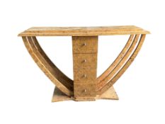 An Art Deco style bird's eye maple four drawer console table with 'U' shaped underframe, width